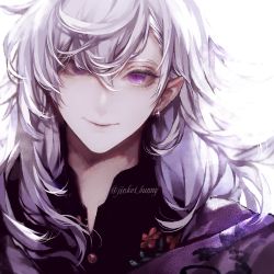 Rule 34 | 1boy, closed mouth, collar, earrings, fate/grand order, fate (series), hair between eyes, highres, jewelry, koshika rina, long hair, looking at viewer, male focus, merlin (fate), pointy ears, purple eyes, smile, solo, very long hair, white hair
