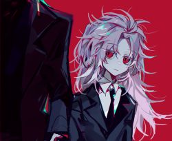 Rule 34 | 2boys, :|, bad id, bad pixiv id, black coat, black jacket, black necktie, black sweater, chromatic aberration, closed mouth, coat, collared shirt, commentary request, earrings, expressionless, formal, hatsutori hajime, highres, jacket, jewelry, jitome, korean commentary, long hair, male focus, messy hair, mixed-language commentary, multiple boys, necktie, open clothes, open coat, out of frame, pink hair, red background, red eyes, saibou shinkyoku, shirt, solo focus, suit, suit jacket, sweater, theodore riddle, vender, white shirt
