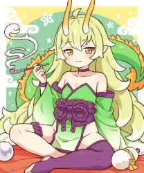Rule 34 | 1girl, bare shoulders, blush, bridal legwear, choker, closed mouth, colored tips, commentary, commission, detached sleeves, dragon girl, dragon horns, dragon tail, dress, english commentary, flat chest, full body, green dress, green hair, groin, highres, horns, indian style, kiseru, long hair, long sleeves, looking at viewer, multicolored hair, no panties, no shoes, obi, onyhakase, original, pelvic curtain, pointy ears, purple choker, purple thighhighs, sash, second-party source, single thighhigh, sitting, skeb commission, smoking pipe, solo, strapless, strapless dress, tail, thighhighs, very long hair, yellow eyes
