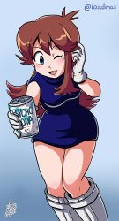 Rule 34 | 1girl, blue background, blue dress, breasts, brown hair, can, commentary, commission, creatures (company), dress, drink can, english commentary, game freak, gloves, green (pokemon), highres, ian dimas, leaning forward, long hair, nintendo, one eye closed, pokemon, pokemon adventures, reaching, reaching towards viewer, short dress, sidelocks, small breasts, soda can, solo, turtleneck, turtleneck dress, twitter username, white gloves