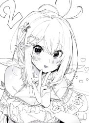 Rule 34 | .live, 1girl, antenna hair, bare shoulders, blush, bow, breasts, commentary, cr-r, dress, greyscale, hair between eyes, hair bow, hair ornament, large breasts, looking at viewer, monochrome, open mouth, dennou shoujo siro, sketch, solo, upper body, virtual youtuber, w, white hair, wrist cuffs