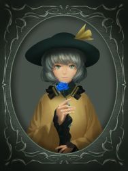 Rule 34 | 1girl, amino (tn7135), black hat, blue flower, blue rose, expressionless, flower, frilled sleeves, frills, green eyes, hat, hat ribbon, holding, holding flower, komeiji koishi, long sleeves, looking at viewer, ribbon, rose, short hair, silver hair, solo, touhou, upper body, wide sleeves, yellow ribbon