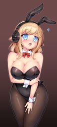 Rule 34 | 1girl, animal ears, black leotard, blonde hair, blue eyes, bow, bowtie, breasts, brown background, brown pantyhose, chinese commentary, cleavage, commentary request, cowboy shot, detached collar, fake animal ears, hair ornament, hairclip, headphones, highres, large breasts, leaning forward, leotard, looking at viewer, medium hair, open mouth, pantyhose, playboy bunny, rabbit ears, rabbit girl, red bow, red bowtie, round teeth, shokuane, short hair, simple background, solo, strapless, strapless leotard, teeth, upper teeth only, wrist cuffs, xiaoguang (you can eat the girl), you can eat the girl
