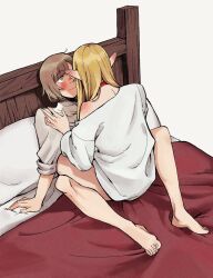 Rule 34 | 2girls, absurdres, arm support, barefoot, bed, bed sheet, blanket, blonde hair, blunt bangs, blush, brown eyes, brown hair, choker, dungeon meshi, dutch angle, eye contact, falin touden, feet, full body, headboard, highres, indoors, long hair, long sleeves, looking at another, marcille donato, multiple girls, off shoulder, on bed, pillow, pointy ears, r bishh, red choker, shirt, short hair, short sleeves, sleeves rolled up, straddling, t-shirt, toes, white background, white shirt, yuri