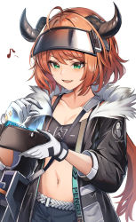 Rule 34 | 1girl, absurdres, ahoge, arknights, bandeau, belt, black bandeau, black jacket, black shorts, blush, breasts, cleavage, cow girl, cow horns, croissant (arknights), fang, fur-trimmed jacket, fur trim, gloves, green eyes, highres, holding, holding wallet, horns, jacket, long hair, lungmen dollar, midriff, musical note, open mouth, orange hair, penguin4, ponytail, shorts, skin fang, sleeves past elbows, small breasts, solo, upper body, visor, wallet, white belt, white gloves
