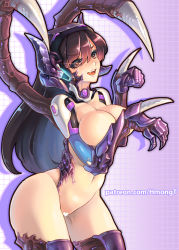 Rule 34 | 1girl, alternate breast size, arched back, blizzard (company), bottomless, breast press, breasts, brown eyes, brown hair, censored, claws, cleavage, company connection, covering privates, covering breasts, crossover, d.va (overwatch), fang, fusion, heart, heart censor, highres, hm (hmongt), large breasts, long hair, looking at viewer, open mouth, overwatch, overwatch 1, patreon, patreon username, smile, solo, starcraft, watermark, web address, zerg (starcraft)