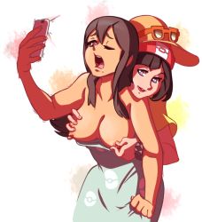 Rule 34 | 2girls, :d, ;d, arms up, bare arms, beanie, black hair, blush, breasts, breasts out, breasts squeezed together, creatures (company), dress, game freak, grabbing, grabbing another&#039;s breast, hat, licking, licking lips, long hair, multiple girls, naughty face, nintendo, nipple stimulation, nipple tweak, nipples, no bra, npc trainer, one eye closed, open mouth, phone, pokemon, pokemon sm, red headwear, saliva, selene (pokemon), selfie, shirt, short hair, sightseer (pokemon), simple background, smile, sun hat, sunglasses, taking picture, tongue, tongue out, trembling, white background, yuri, z-ring