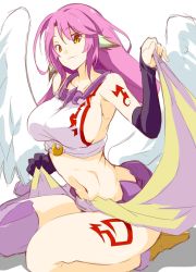 Rule 34 | 10s, 1girl, angel wings, bebebe (pepegakii), boots, breasts, clothes lift, spiked halo, feathered wings, gloves, halo, highres, jibril (no game no life), large breasts, long hair, low wings, midriff, multicolored hair, navel, no game no life, pink hair, sideboob, skirt, skirt lift, smile, solo, tattoo, thighhighs, white wings, wing ears, wings, yellow eyes