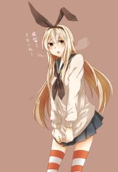 Rule 34 | 10s, 1girl, blonde hair, brown eyes, cold, kantai collection, long hair, personification, pleated skirt, school uniform, serafuku, shimakaze (kancolle), skirt, solo, striped clothes, striped thighhighs, sweater, thighhighs, translated, unyooon