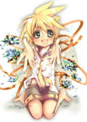 Rule 34 | 1boy, :d, barefoot, blonde hair, blush, child, flower, happy, kagamine len, male focus, necktie, open mouth, outstretched arms, ribbon, school uniform, shorts, smile, solo, vocaloid, wakakohime moe