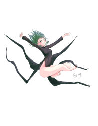 Rule 34 | 1girl, absurdres, arms up, artist request, bare legs, barefoot, blush, cameltoe, crossed legs, floating, full body, green eyes, green hair, highres, one-punch man, shiny skin, simple background, solo, tatsumaki, toes, white background, wide hips