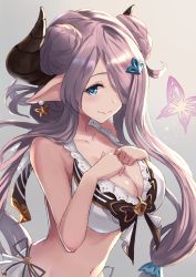 Rule 34 | 10s, 1girl, :&gt;, bad id, bad pixiv id, bikini, breast suppress, breasts, butterfly earrings, cleavage, closed mouth, collarbone, double bun, draph, earrings, granblue fantasy, grey background, hair ornament, hair over one eye, highres, horns, jewelry, long hair, looking at viewer, narmaya (granblue fantasy), narmaya (summer) (granblue fantasy), navel, pointy ears, purple hair, solo, swimsuit, usami (ym1989), very long hair, white bikini
