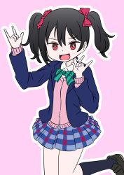 Rule 34 | 1girl, absurdres, black hair, bow, green bow, hair bow, highres, looking at viewer, love live!, love live! school idol project, nico nico nii, open mouth, otonokizaka school uniform, pink background, red bow, red eyes, school uniform, self-upload, shoes, short hair, simple background, skirt, smile, solo, standing, twintails, yazawa nico