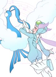 Rule 34 | 1girl, altaria, ass, blush, breasts, closed eyes, commission, creatures (company), from behind, game freak, gen 3 pokemon, gloves, helmet, highres, looking at viewer, medium breasts, musical note, nintendo, pokemon, pokemon (creature), pokemon oras, purple eyes, purple hair, sideboob, signature, simple background, vergolophus, white gloves, winona (pokemon)