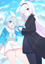 Rule 34 | 2girls, :o, arona (blue archive), black choker, black coat, black eyes, black hairband, black pantyhose, black skirt, blue archive, blue eyes, blue hair, blue halo, blue shirt, blue sky, blush, bow, bow hairband, bowtie, braid, choker, cloud, cloudy sky, coat, commentary, cropped shirt, divergenceok, feet out of frame, hair over one eye, hairband, halo, hand up, highres, light rays, long hair, long sleeves, looking at viewer, midriff peek, miniskirt, multiple girls, neckerchief, open mouth, pantyhose, parted bangs, plana (blue archive), pleated skirt, puffy long sleeves, puffy sleeves, sailor collar, shirt, short hair, single braid, skirt, sky, smile, thighs, v, very long hair, white bow, white bowtie, white choker, white hair, white hairband, white neckerchief, white sailor collar, white skirt