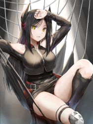 Rule 34 | 1girl, arknights, arm up, bare shoulders, belt, belt buckle, black footwear, black hair, black jacket, black nails, black panties, black skirt, boots, breasts, buckle, clothing cutout, cropped jacket, female focus, hand on forehead, high-waist skirt, highres, horns, ines (arknights), jacket, knee boots, knee pads, knee up, large breasts, long hair, long sleeves, looking at viewer, nail polish, open mouth, panties, pantyshot, parted bangs, resolution mismatch, shoulder cutout, sitting, skirt, solo, source larger, straight hair, thighs, underwear, upskirt, very long hair, yellow eyes, yukinoshiro