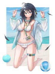 Rule 34 | 1girl, absurdres, ahoge, arknights, ball, beach, beachball, between breasts, bikini, black hair, blue eyes, blue sky, border, breasts, cameltoe, cranes (hiroro1), feather hair, feathers, goggles, goggles around neck, hair ornament, hairclip, highres, id card, jacket, kneeling, la pluma (arknights), la pluma (summer flowers) (arknights), lanyard, long sleeves, looking at viewer, medium breasts, navel, official alternate costume, open clothes, open jacket, outside border, sand, short hair, sky, solo, stomach, swimsuit, thigh strap, water, whistle, white bikini, white border, white jacket
