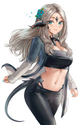 Rule 34 | atiarta7, au ra, warrior of light (ff14), bandeau, blue eyes, breasts, cleavage, cowboy shot, crop top, final fantasy, final fantasy xiv, flower, hair flower, hair ornament, happi, highres, horns, jacket, japanese clothes, large breasts, lizard tail, long hair, looking at viewer, midriff, nail polish, navel, open clothes, scales, silver hair, smile, solo, stomach, tail, wavy hair