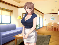 Rule 34 | 1girl, absurdres, blue shirt, blush, breasts, brown eyes, brown hair, cleavage, closed mouth, collarbone, couch, hair between eyes, highres, indoors, lamp, large breasts, living room, medium hair, original, pencil skirt, plant, potted plant, shirt, skirt, solo, table, tokunaga (umemoto), white skirt, wooden floor