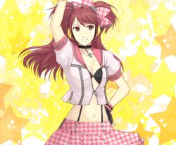 Rule 34 | 1girl, atlus, black bra, bow, bra, breasts, brown eyes, brown hair, choker, fingerless gloves, gloves, hair bow, hand on own hip, headphones, houndstooth, idol, kujikawa rise, long hair, megami tensei, miraclenight, open clothes, persona, persona 4, persona 4: dancing all night, persona dancing, pleated skirt, shin megami tensei, skirt, small breasts, smile, solo, suspenders, twintails, underwear, zipper