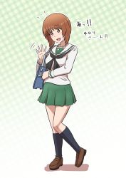 Rule 34 | 1girl, absurdres, bag, black neckerchief, black socks, blouse, brown eyes, brown footwear, brown hair, carrying, commentary, girls und panzer, gradient background, green background, green skirt, heel up, highres, lettuce-labo, loafers, long sleeves, looking to the side, miniskirt, motion lines, neckerchief, nishizumi miho, notice lines, ooarai school uniform, open mouth, plaid, plaid background, pleated skirt, sailor collar, school bag, school uniform, serafuku, shadow, shirt, shoes, short hair, skirt, smile, socks, solo, standing, translated, waving, white sailor collar, white shirt