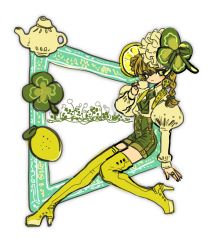 Rule 34 | 1other, androgynous, blonde hair, boots, braid, bright pupils, closed mouth, clover, clover hair ornament, cup, food, four-leaf clover, four-leaf clover hair ornament, fruit, green eyes, green shorts, green theme, hair ornament, high heel boots, high heels, highres, holding, holding cup, jewelry, juliet sleeves, lemon, lemon slice, long sleeves, looking at viewer, original, puffy sleeves, ring, shima (wansyon144), shorts, sitting, smile, solo, teacup, thigh boots, thighhighs