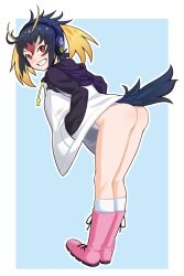 Rule 34 | 1girl, animal ears, ass, black hair, blonde hair, blush, breasts, emil (fafa), headphones, hood, hoodie, jacket, kemono friends, looking at viewer, multicolored hair, open mouth, penguin tail, red eyes, red hair, rockhopper penguin (kemono friends), short hair, smile, solo, tail, twintails