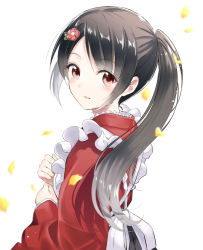 Rule 34 | 10s, 1girl, apron, black skirt, blurry, blurry foreground, blush, brown hair, commentary request, depth of field, fingernails, flower, hair flower, hair ornament, hands up, highres, inuzuka shuna, japanese clothes, kimono, kishuku gakkou no juliet, long hair, long sleeves, looking at viewer, looking to the side, maid apron, natsupa, parted lips, petals, pleated skirt, red eyes, red flower, red kimono, short kimono, side ponytail, simple background, skirt, smile, solo, very long hair, white apron, white background