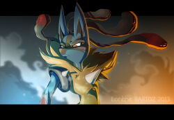 Rule 34 | black fur, black hair, blue fur, closed mouth, creatures (company), dated, dragibuz, frown, furry, game freak, gen 4 pokemon, looking down, lucario, mega lucario, mega pokemon, nintendo, pokemon, pokemon (creature), red eyes, sidelocks, signature, solo, spikes, yellow fur