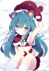 Rule 34 | 1girl, ahoge, animal ear fluff, animal ears, arm up, bikini, blue eyes, blue hair, blush, breasts, capelet, cat ears, cat girl, cat tail, closed mouth, fang, fang out, feet out of frame, fur-trimmed capelet, fur-trimmed gloves, fur-trimmed headwear, fur-trimmed skirt, fur trim, gloves, hair between eyes, hat, highres, kyuukon (qkonsan), long hair, looking at viewer, medium breasts, original, red bikini, red capelet, red gloves, red hat, red skirt, santa costume, santa hat, skirt, snow, snowing, socks, solo, swimsuit, tail, tears, very long hair, wavy mouth, white socks