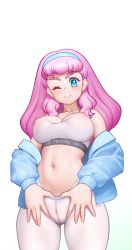 Rule 34 | 1girl, absurdres, anus, blue hair, breasts, cameltoe, closed mouth, clothes pull, covered erect nipples, cure la mer, gradient hair, hair ornament, highres, laura (precure), laura la mer, long hair, magical girl, medium breasts, multicolored hair, navel, nipples, no panties, nypdesu, one eye closed, pants, pantyhose, pantyhose pull, pink eyes, pink hair, precure, see-through, simple background, smile, solo, sports bra, sweat, tropical-rouge! precure, white background, wink, yoga pants