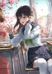 Rule 34 | 2girls, adjusting hair, backpack, bag, blue eyes, blue sailor collar, blue skirt, blush, book, branch, brown hair, cellphone, cherry blossoms, classroom, collared shirt, commentary request, cowboy shot, curtains, day, desk, green ribbon, hair between eyes, hand up, highres, holding, holding phone, light particles, long hair, multiple girls, on chair, open mouth, open window, original, out of frame, petals, phone, pleated skirt, r o ha, ribbon, sailor collar, school uniform, shirt, sitting, skirt, sky, smile, striped, sunlight, teeth, thighhighs, thighs, tree, white legwear, white shirt, wind, window, zettai ryouiki