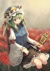 Rule 34 | 1girl, bad id, bad pixiv id, black skirt, blue eyes, blue hat, blue vest, boots, breasts, brown footwear, chair, commentary, cross-laced footwear, epaulettes, expressionless, feet out of frame, field, flower, flower field, fog, green hair, hair between eyes, hat, highres, holding rod, juliet sleeves, knee boots, long sleeves, looking at viewer, medium hair, ookashippo, outdoors, petticoat, puffy sleeves, rod of remorse, shiki eiki, shirt, short hair, sitting, skirt, small breasts, solo, spider lily, touhou, vest, white shirt, wide sleeves