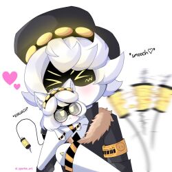 Rule 34 | &gt; &lt;, 1boy, 1girl, :&lt;, animal ears, blush, cat ears, chibi, glasses, glitch productions, hat, highres, hug, mecha, murder drones, n (murder drones), no humans, robot, tail, tail wagging, v (murder drones), white hair