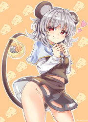 Rule 34 | 1girl, animal ears, artist name, basket, black skirt, black vest, blush, capelet, cheese, commentary request, cowboy shot, food, grey capelet, grey hair, groin, hands up, heart, highres, holding, holding with tail, long sleeves, looking at viewer, midriff peek, miniskirt, mouse (animal), mouse ears, mouse tail, navel, nazrin, no panties, orange background, outline, prehensile tail, ramudia (lamyun), red eyes, shirt, short hair, skirt, skirt set, smile, solo, standing, tail, thighs, touhou, twitter username, vest, white outline, white shirt