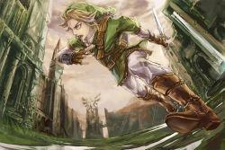Rule 34 | 1boy, blonde hair, blue eyes, boots, foreshortening, hat, highres, holding, holding sword, holding weapon, link, male focus, nintendo, outdoors, pointy ears, solo, sword, the legend of zelda, the legend of zelda: twilight princess, triforce, weapon, zzyzzyy