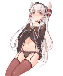 1girl, :&lt;, amatsukaze (kancolle), bangs, black dress, black panties, blush, breasts, brown eyes, choker, closed mouth, dress, dress lift, eyebrows visible through hair, gloves, grey neckwear, hair tubes, highres, innertube, kantai collection, lifted by self, long hair, long sleeves, panties, red legwear, sailor collar, sailor dress, signature, silver hair, simple background, single glove, small breasts, solo, swd3e2, underwear, white background, white gloves
