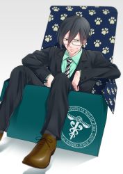 Rule 34 | 10s, 1boy, bad id, bad pixiv id, black hair, box, formal, ginoza nobuchika, glasses, highres, in box, in container, male focus, necktie, psycho-pass, sitting, solo, suit, uwabaki (shoe rack)