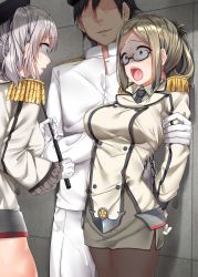Rule 34 | 1boy, 2girls, absurdres, admiral (kancolle), beret, black hair, black neckwear, breasts, brown legwear, commentary request, constricted pupils, epaulettes, evil smile, folded ponytail, gloves, green eyes, grey eyes, grey shirt, grey skirt, hat, highres, jack dempa, jacket, kantai collection, kashima (kancolle), katori (kancolle), large breasts, light brown hair, long sleeves, military, military uniform, multiple girls, naval uniform, necktie, open mouth, pantyhose, revision, scared, shaded face, shirt, short hair, silver hair, skirt, smile, two side up, uniform, white gloves, white jacket