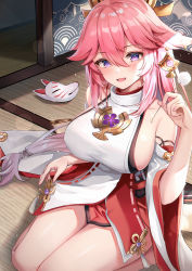 Rule 34 | 1girl, blouse, blue eyes, breasts, detached sleeves, eric (tianqijiang), genshin impact, hair between eyes, hair ornament, highres, japanese clothes, kimono, large breasts, long hair, looking at viewer, miko, mimikaki, open mouth, pink hair, purple eyes, seiza, shirt, sitting, smile, solo, tatami, thighs, very long hair, vision (genshin impact), white kimono, white shirt, wide sleeves, yae miko