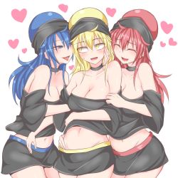 Rule 34 | 3girls, alternate costume, alternate hair length, alternate hairstyle, arm grab, blonde hair, blue eyes, blue hair, blush, breast hold, breasts, choker, cleavage, closed eyes, clothes pull, collarbone, girl sandwich, groin, hand on own hip, hat, heart, hecatia lapislazuli, hecatia lapislazuli (earth), hecatia lapislazuli (moon), kuroba rapid, long hair, medium breasts, midriff, miniskirt, multiple girls, multiple persona, navel, nervous smile, off shoulder, red hair, sandwiched, selfcest, shirt, shirt pull, skirt, smile, sweatdrop, t-shirt, tongue, tongue out, touhou, very long hair, yellow eyes, yuri