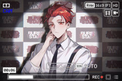 Rule 34 | 1boy, black necktie, buried stars, chinese commentary, closed mouth, collared shirt, commentary, copyright name, hand on own face, highres, logo, looking at viewer, male focus, necktie, recording, red eyes, red hair, seo hyesung, shirt, short hair, solo, white shirt, yusa (yusa0751)