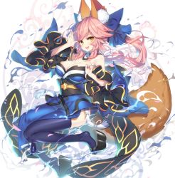 Rule 34 | 10s, 1girl, ;d, animal ear fluff, animal ears, arm up, bare shoulders, black footwear, blue bow, blue kimono, blue sleeves, blush, bow, breasts, brown eyes, cleavage, collar, commentary request, detached collar, detached sleeves, fate/extra, fate (series), fox ears, fox girl, fox tail, full body, hair bow, hand up, hong (white spider), japanese clothes, kimono, large breasts, long sleeves, obi, one eye closed, open mouth, pelvic curtain, pink hair, platform clogs, platform footwear, purple thighhighs, sash, short kimono, smile, solo, strapless, tail, tail raised, tamamo (fate), tamamo no mae (fate/extra), thighhighs, twintails, white background, white collar, wide sleeves