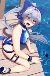 Rule 34 | 1girl, ass, blue bow, blue one-piece swimsuit, blush, bow, breasts, cellphone, competition swimsuit, crying, fate/grand order, fate (series), gloom (expression), hair between eyes, hair bow, highleg, highleg swimsuit, highres, kuroshiro (ms-2420), large breasts, legs, long hair, looking at viewer, octopus, one-piece swimsuit, open mouth, phone, ponytail, red eyes, sandals, shaded face, silver hair, sitting, swimsuit, tears, thighs, tokitarou (fate), tomoe gozen (fate), tomoe gozen (swimsuit saber) (fate), tomoe gozen (swimsuit saber) (first ascension) (fate), two-tone swimsuit, wariza, water, wavy mouth, white one-piece swimsuit
