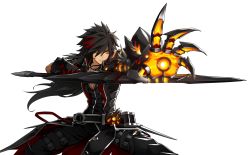 Rule 34 | 1boy, belt, black coat, black gloves, black hair, black pants, buckle, claws, closed mouth, coat, cowboy shot, elsword, expressionless, fighting stance, gloves, highres, holding, holding sword, holding weapon, hwansang, jewelry, long hair, male focus, mechanical arms, multicolored hair, necklace, official art, orange eyes, outstretched hand, pants, raven cronwell, red hair, single mechanical arm, solo, streaked hair, sword, transparent background, two-tone hair, veteran commander (elsword), weapon