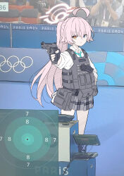 1girl 2024_summer_olympics absurdres ammunition_pouch beretta_92 black_gloves black_skirt black_vest blue_archive blue_eyes blue_necktie bulletproof_vest commentary derivative_work fingerless_gloves gloves gun halo handgun heterochromia highres holding holding_gun holding_weapon hoshino_(armed)_(blue_archive) hoshino_(blue_archive) long_hair looking_at_viewer necktie olympics photo_background pink_hair pink_halo plaid_clothes plaid_skirt pleated_skirt ponytail pouch shirt skirt solo_focus standing t1kosewad very_long_hair vest weapon white_shirt yellow_eyes yusuf_dikec