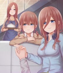 Rule 34 | 3girls, absurdres, apron, atorie, blue apron, blue cardigan, blue eyes, breasts, brown cardigan, brown hair, brown sweater, cardigan, closed mouth, commentary request, crossed arms, family, go-toubun no hanayome, hair between eyes, headphones, headphones around neck, highres, holding, holding hands, holding tray, if they mated, indoors, large breasts, long hair, long hair between eyes, long sleeves, looking at viewer, multiple girls, nakano miku, pov, shirt, smile, sweater, tray, white shirt