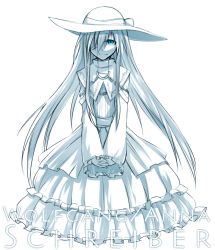 Rule 34 | 10s, 1boy, blue theme, character name, crossdressing, dies irae, dress, hat, idora (idola), long hair, looking at viewer, male focus, monochrome, shinza bansho series, simple background, smile, solo, very long hair, white background, wolfgang schreiber
