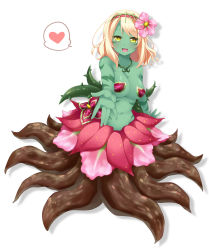 Rule 34 | 1girl, alraune, bad id, bad pixiv id, blonde hair, breasts, cleavage, colored skin, flower, green eyes, green skin, hair flower, hair ornament, hairband, heart, monster girl, navel, original, outstretched hand, petals, plant girl, ringo yuyu, roots, solo, spoken heart
