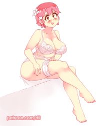 Rule 34 | 1girl, :d, bare arms, bare legs, bare shoulders, barefoot, blush, bra, breasts, collarbone, commentary, english commentary, full body, garter belt, hair ornament, hairclip, hand on own thigh, heart, heart hair ornament, katawa shoujo, large breasts, bridal garter, lingerie, looking at viewer, mikado shiina, open mouth, orange eyes, panties, patreon username, pink hair, rtil, short hair, simple background, sitting, smile, solo, underwear, underwear only, white background, white bra, white garter belt, white panties